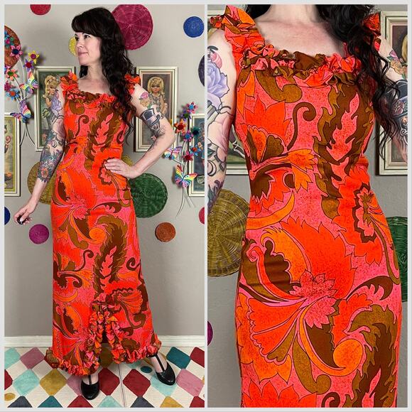 Vintage 1960s Day Glo Hawaiian Print Sleeveless Ruffle Maxi Dress - Picture 1 of 7